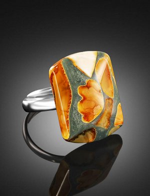 Яркое кольцо из янтарной мозаики в бирюзовом полимере «Далматин», 908205323