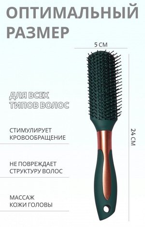 Расчёска массажная, прорезиненная ручка, 5x24(±1) см, цвет зелёный, золотистый