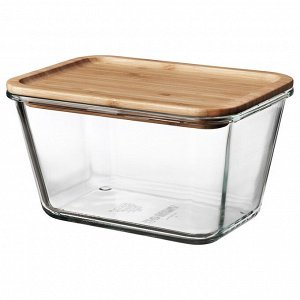 IKEA 365+, контейнер для пищевых продуктов с крышкой, прямоугольное стекло / бамбук, 1,8 л