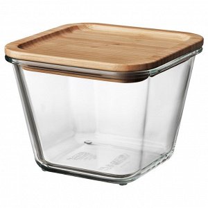 IKEA 365+, контейнер для пищевых продуктов с крышкой, квадратное стекло / бамбук, 1,2 л