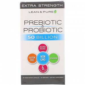Lean & Pure, Комплекс пребиотиков и пробиотиков, с повышенной силой действия, 50 млрд, 30 вегетарианских капсул