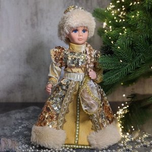 Новогодняя фигурка Снегурочка в золотом платье с пайетками, емкость для подарков, высота 38 см