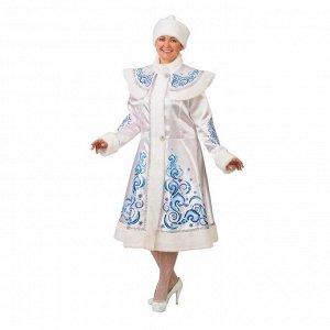 Карнавальный костюм «Снегурочка», сатин, шуба с аппликацией, шапка, р. 48-50, рост 170 см, цвет белый