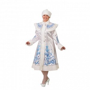 Карнавальный костюм «Снегурочка», сатин, шуба с аппликацией, шапка, р. 52-54, рост 176 см, цвет белый