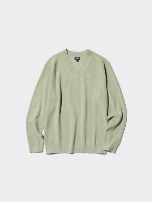 UNIQLO - вафельный свитер унисекс с V-образным вырезом - 53 GREEN