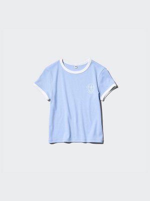UNIQLO - мягкая футболка с контрастной отделкой для девочек - 60 LIGHTBLUE
