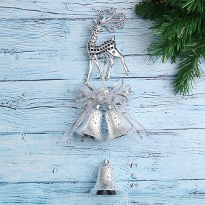 Украшение новогоднее "Три колокольчика на подвесе с оленем" 9х34 см, серебро