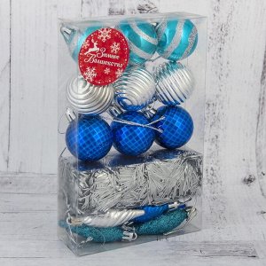 Набор украшений пластик 16 шт "Полоска" (9 шаров, 6 сосулек, мишура) бело-синий