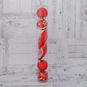 Набор украшений пластик 6 шт "Лапландия" (4 шара, 2 сосульки) 6 см красный