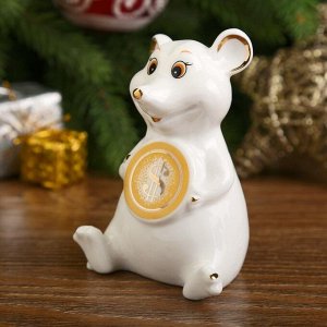 Сувенир керамика "Беленький крыс с монеткой" с золотом 8,7х6,7х5,5 см