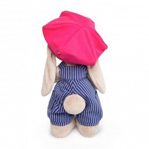 Мягкая игрушка "Зайка Ми" в синем комбинезоне в полоску и с малиновой кепкой, 25 см