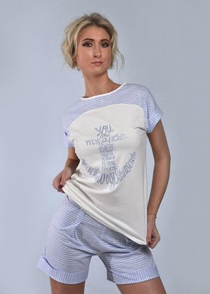 Комплект с шортами "МОРЯЧКА" (голубой №10) печать с эффектом мерцания