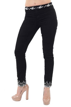 Женские джинсы с вышивкой – изящный поясок, фигурная кромка брючин №306