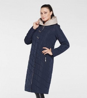 Женское пальто с капюшоном, цвет т. синий/бежевый