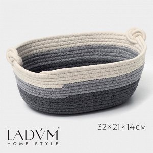 Корзина для хранения LaDо*m «Вега», плетёная, ручной работы, с ручками, хлопок, 32*21*14 см, серая