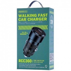 Зарядное устройство в прикуриватель Remax Walking Fast Car Charger, 12/24В, 1xUSB (5В/3А–12В/2.5А), 1xUSB Type-C (5В/3А–20В/2.25А), 75Вт, с функциями Power Delivery и Quick Charge, арт. RCC360