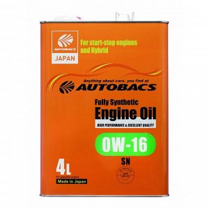 Масло моторное Autobacs Engine Oil 0w16, синтетическое, API SN, для бензинового двигателя, 4л, арт. A01555208 (Япония)
