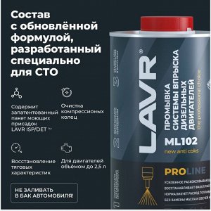 Очиститель форсунок Lavr PROLine ML102, для дизельных двигателей, с раскоксовывающим действием, для промывочных станций, банка 1л, арт. Ln2009