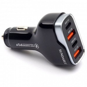 Зарядное устройство в прикуриватель Sundaree Multi Port Fast Car Charge, 12/24В, 2xUSB (5В/3А–12В/1.5А), 2xUSB Type-C (5В/3А–12В/2.5А), 60Вт, с функциями Power Delivery и Quick Charge, арт. CC53-2A2C
