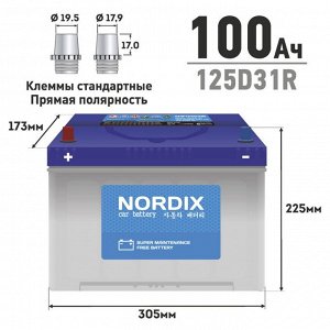 Аккумулятор Nordix 125D31R, 100Ач, CCA 830А, необслуживаемый