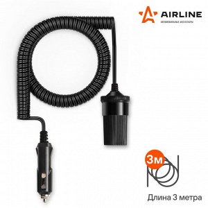 Удлинитель прикуривателя Airline 12/24В, 1 гнездо (5А), 60Вт, кабель 3м, черный, с витым шнуром, арт. ASP-3L-06