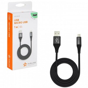 Кабель для мобильных устройств Airline, с USB на MicroUSB, 1м, чёрный, нейлоновый, арт. ACH-M-23