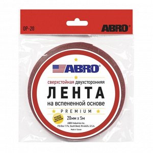 Лента клейкая двусторонняя ABRO Премиум, акриловая, 20мм x 5м, белая, сверхстойкая, арт. OP-20-R