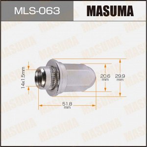 Гайка колесная Masuma MLS-063, закрытая, для внедорожников Toyota, M14x1.5(R), длина 51.8мм, с прессшайбой 30мм, под ключ 21мм