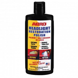 Полироль-реставратор фар ABRO Hedlight Restoration Polish, восстанавливает прозрачность пластика, бутылка 237мл, арт. HR-237