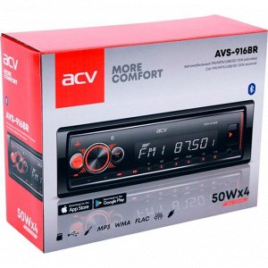 Автомагнитола ACV AVS-916BR, 1DIN, SD/USB/AUX/Bluetooth, 4х50Вт, красная подсветка