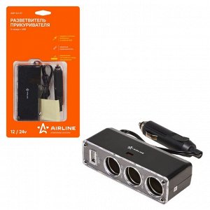 Разветвитель прикуривателя Airline 12/24В, 3 гнезда, 1xUSB (5В, 0.5А), 60Вт, кабель 60см, черный, арт. ASP-3U-07
