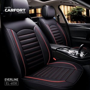 Чехлы-накидки CARFORT EVERLINE для передних сидений и заднего дивана, экокожа, черный с красной прострочкой, 9 предметов