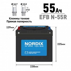 Аккумулятор Nordix N-55R/70B24R, 55Ач, CCA 460А, необслуживаемый, технология EFB