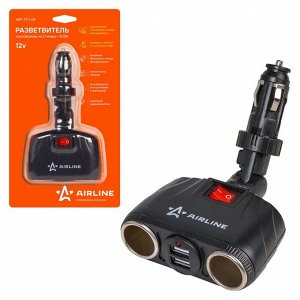 Разветвитель прикуривателя Airline 12В, 2 гнезда, 2xUSB (5В, 1А), черный, с поворотным шарниром, с кнопкой выключения, арт. ASP-2TU-08