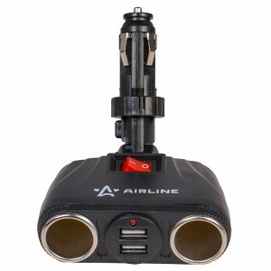 Разветвитель прикуривателя Airline 12В, 2 гнезда, 2xUSB (5В, 1А), черный, с поворотным шарниром, с кнопкой выключения, арт. ASP-2TU-08