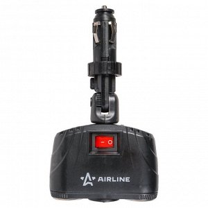 Разветвитель прикуривателя Airline 12В, 2 гнезда, 2xUSB (5В, 1А), черный, с поворотным шарниром, с кнопкой выключения, арт. ASP-2TU-08