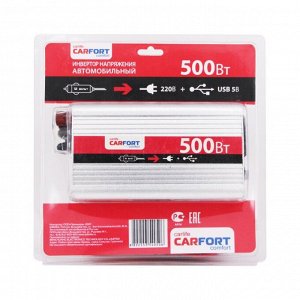 Инвертор напряжения Carfort, 12В(DC)→220В(AC), 50/60Гц, 500Вт, (+USB 5В), арт. CF-4050