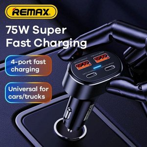 Зарядное устройство в прикуриватель Remax Duke Multi-Compatible Fast Car Charger, 12/24В, 2xUSB (4.5В/5А–12В/2.5А), 2xUSB Type-C (5В/3–20В/2.25А), 75Вт, с подсветкой и функциями Power Delivery и Quick