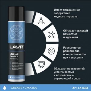 Смазка аэрозольная Lavr Copper Spray, медная, термостойкая (до +1100°C), баллон 400мл, арт. Ln2423