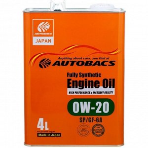 Масло моторное Autobacs Engine Oil 0w20, синтетическое, API SP, ILSAC GF-6A, для бензинового двигателя, 4л, арт. A00032230 (Япония)