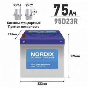 Аккумулятор Nordix 95D23R, 75Ач, CCA 650А, необслуживаемый