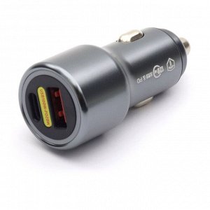 Зарядное устройство в прикуриватель Dual USB Car Charger Adapter, 12/24В, 1xUSB (5В/5А–20В/5А), 1xUSB Type-C (9В/2.22А), 66Вт, с функциями Power Delivery и Quick Charge, арт. F-024
