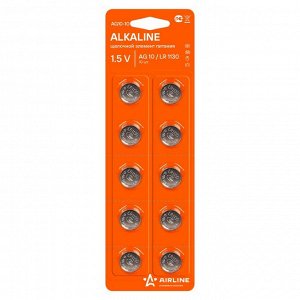 Батарейка щелочная Airline, V10GA / AG10 / RW49 / G10 / LR1130 / LR54 (Ø11.6x3.1мм), 1.5В, 10 шт, арт. AG10-10