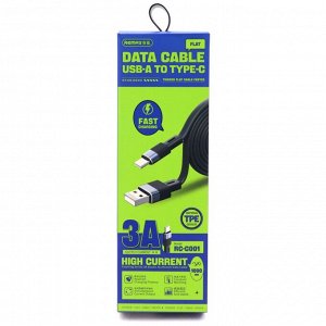 Кабель для мобильных устройств Remax Elastic Aliminium Data Cable, с USB на USB Type-C, 3А, 1м, чёрный, арт. RC-C001 A-C