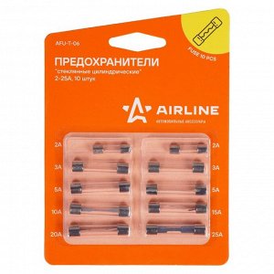 Предохранитель Airline, цилиндрический, стеклянный (ПЦ/FGL/AG/SFE), 2А (Ø5x20мм) 3/5/10/15/20/25А (Ø6x30мм), комплект 10 шт, арт. AFU-T-06