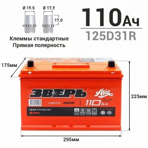 Аккумулятор Зверь ASIA 125D31R (6СТ-110VL / ZVA 110-3-L), 110Ач, ССА 930А, необслуживаемый