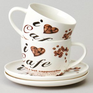Чайно-кофейный набор из фарфора "Coffee Mania" на 2 персоны, 4 предмета по 250 мл, современный дизайн, подходит для СВЧ и ПММ, TM Lefard, 1 шт.