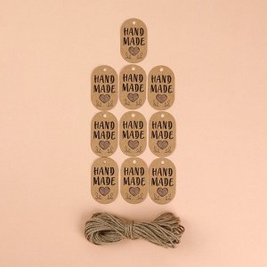 Набор бирок с джутом и наклейками «Hand made», крафтовый, 10 шт., 3.5x6 см/6 шт., 4x4 см
