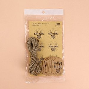 Набор бирок с джутом и наклейками «Hand made», крафтовый, 10 шт., 3.5x6 см/6 шт., 4x4 см