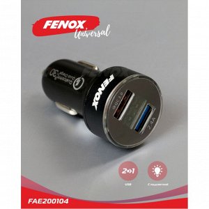 Зарядное устройство в прикуриватель Fenox, 12/24В, 2хUSB (5В/2.4А, 6.5В/3А), с функцией быстрой зарядки Quick Charge 3.0, арт. FAE200104